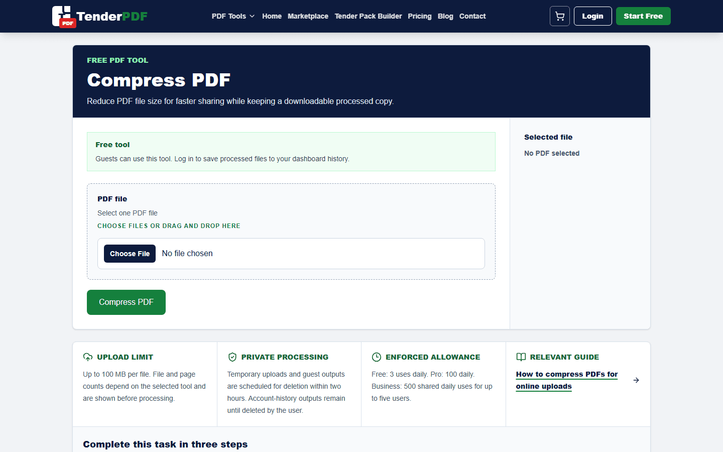 How to Compress a PDF for Online Uploads workflow shown on TenderPDF