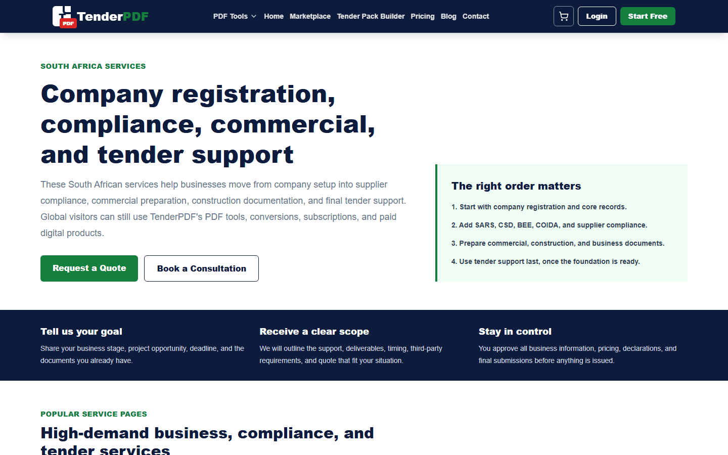 CSD Registration Documents for Suppliers workflow shown on TenderPDF
