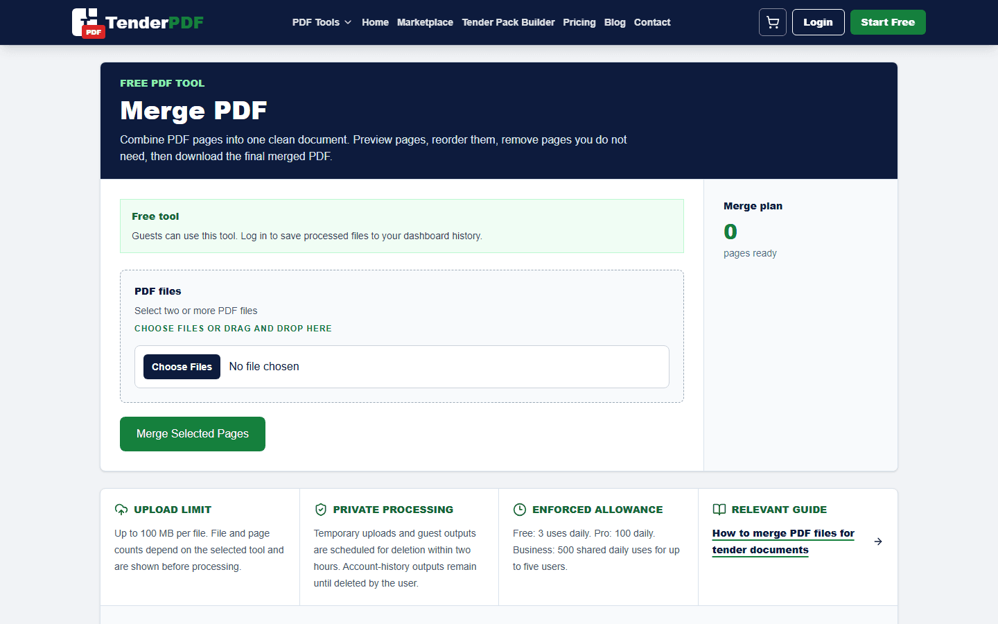 How to Merge PDF Files for Tender Documents workflow shown on TenderPDF