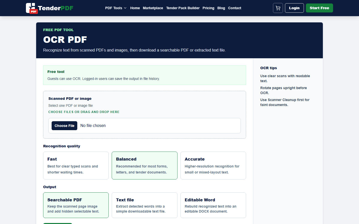 OCR PDF: Make Scanned Documents Searchable workflow shown on TenderPDF