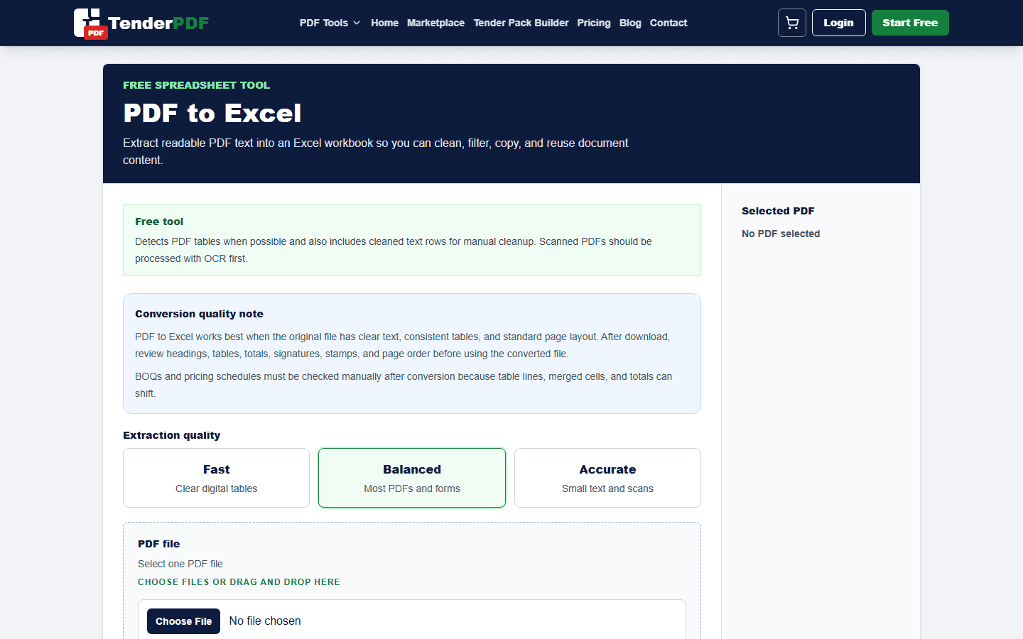 PDF to Excel for Tables, BOQs, and Price Schedules workflow shown on TenderPDF